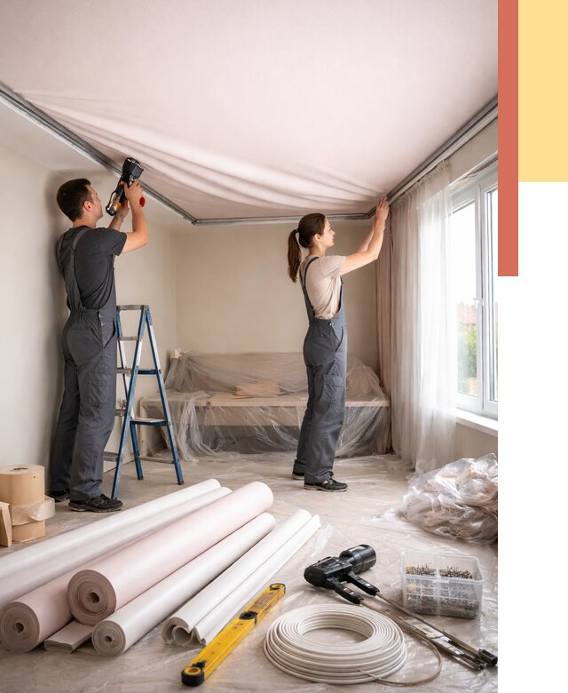 Монтаж цветного натяжного потолка в Иркутске от 4376 руб/м² — быстро и недорого | ОТДЕЛОЧНИК-Ркт