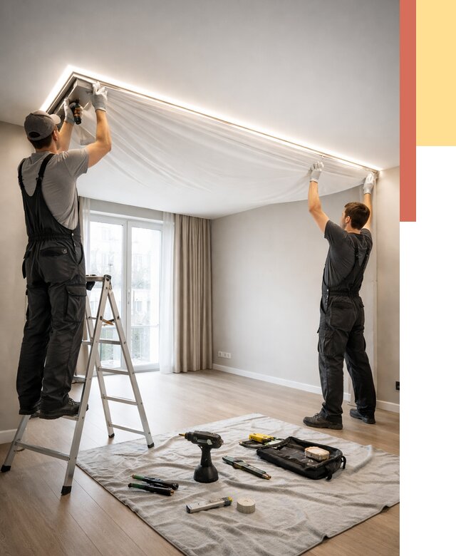 Монтаж парящего натяжного потолка в Иркутске от 4689 руб. быстро и недорого | ОТДЕЛОЧНИК-Ркт