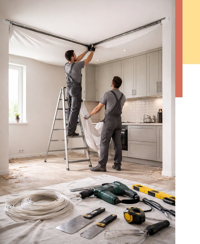 Установка натяжного потолка на кухне в Иркутске от 2501 руб. | ОТДЕЛОЧНИК-Ркт