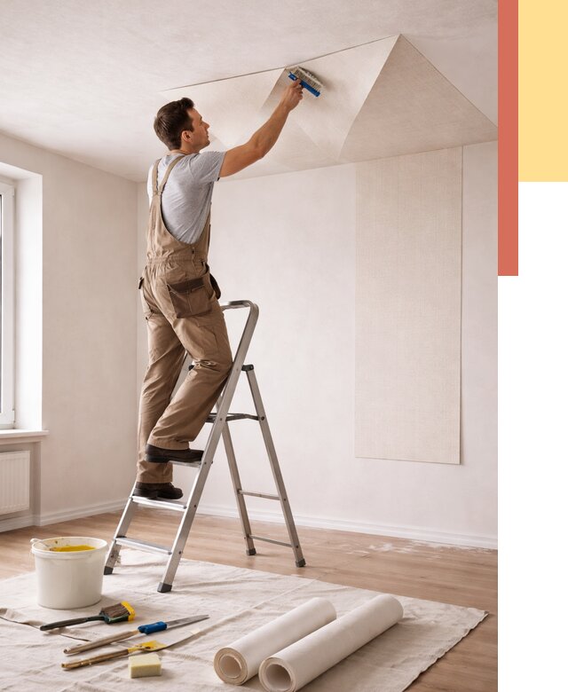 Поклейка обоев на потолок в Иркутске от 4689 руб. быстро и недорого | ОТДЕЛОЧНИК-Ркт